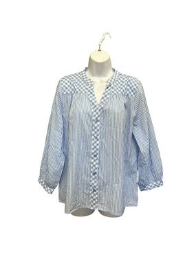 Magari Italy Blue Striped & Gingham Mixed Pattern Blouse - Size L
